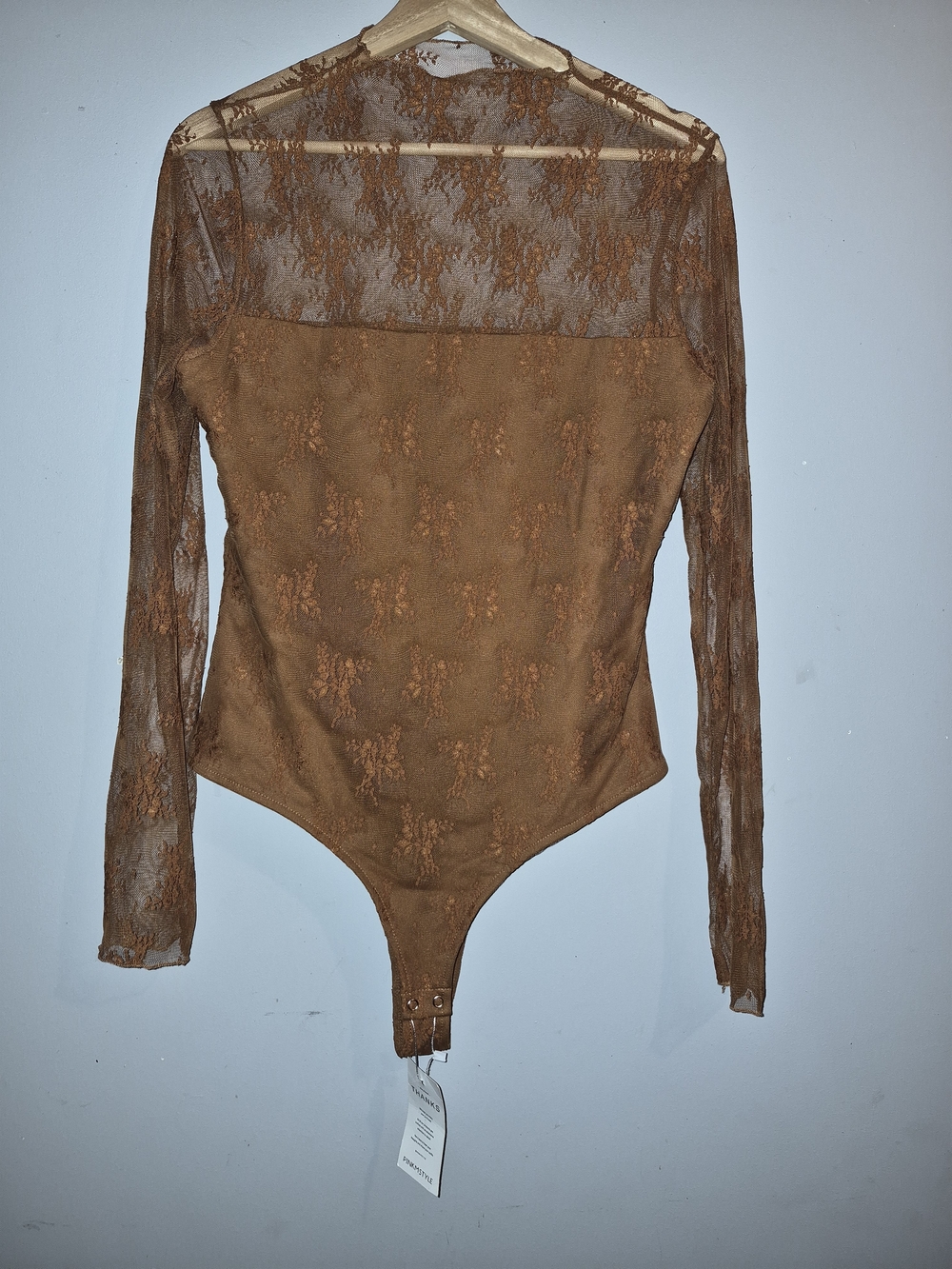 Women's Brown Lace Button-Down Bodysuit Shirt